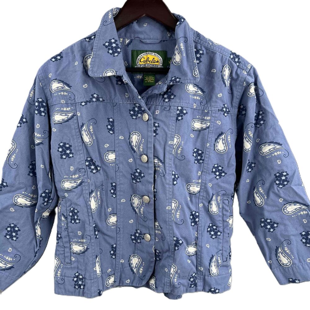 Cabelas Denim Lightweight Jacket Blue Paisley Print Button Front Womens Medium